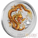 Australia GOLD DRAGON Lunar II series $1 Colored Silver coin 2012 BU 1 oz 