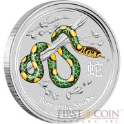 Australia GREEN YELLOW SNAKE Lunar II series $1 Colored Silver coin 2013 BU 1 oz 