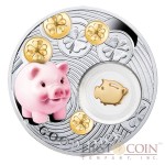 Niue Piggy LUCKY COINS Silver Coin Symbols of Luck Series $1 Colored 2014 Proof with Silver Gold-plated Filigree Insert