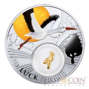Niue Stork LUCKY COINS Silver Coin Symbols of Luck Series $1 Colored 2014 Proof with Silver Gold-plated Filigree Insert