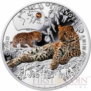 Niue Island AMUR LEOPARD Silver Coin SOS to the World - Endangered Animal Species series $1 Colored 2014 Proof with Swarovski Elements