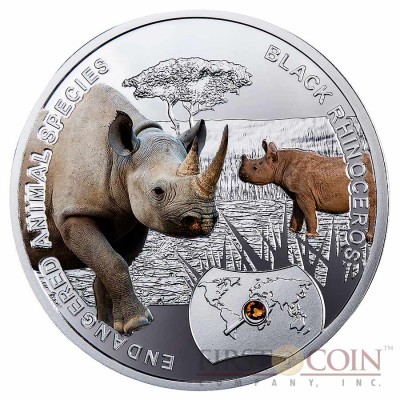 Niue Island Black Rhinoceros Silver Coin SOS to the World - Endangered Animal Species series $1 Colored 2014 Proof with Swarovski Elements