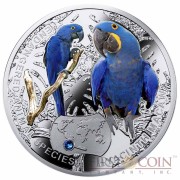 Niue Island Hyacinth Macaw Silver Coin "SOS to the World – Endangered Animal Species" Series $1 Colored 2014 Proof with Swarovski Elements