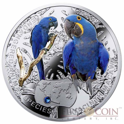 Niue Island Hyacinth Macaw ARA Silver Coin "SOS to the World – Endangered Animal Species" Series $1 Colored 2014 Proof with Swarovski Elements