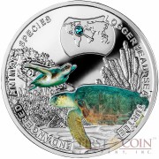 Niue Island Loggerhead Sea Turtle Silver Coin SOS to the World - Endangered Animal Species series $1 Colored 2014 Proof with Swarovski Elements