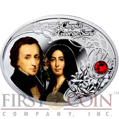 Niue Island FREDERYK CHOPIN AND GEORGE SAND $1 The Most Beautiful Polish Love Stories Series Colored Silver Coin Oval Swarovski Crystals 2014 Proof