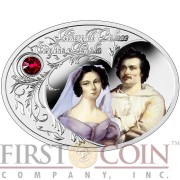 Niue Island HONORE DE BALZAC & EWELINA HANSKA $1 The Most Beautiful Polish Love Stories Series Colored Silver Coin Oval Swarovski Crystals 2015 Proof