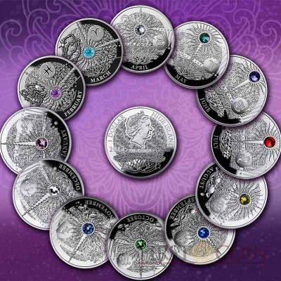 Niue Island 12 Coin Set Zodiac Signs The Magic Calendar of Happiness Silver $12 Swarovski 2013-2014 Proof ~4 oz