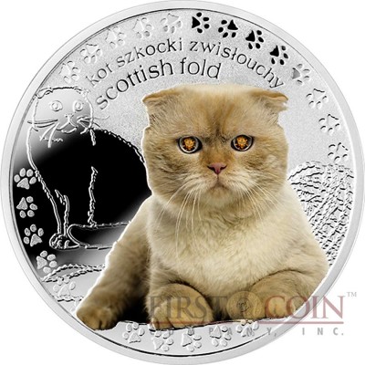 Niue Island SCOTTISH FOLD Silver Coin Man's best friends - Cats Series $1 Colored 2015 Proof with Swarovski