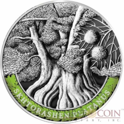 Armenia SKHTORASHEN PLATANUS 100 Dram The Oldest Trees of the World series High Relief Colored Silver Coin 2014 Proof 1 oz
