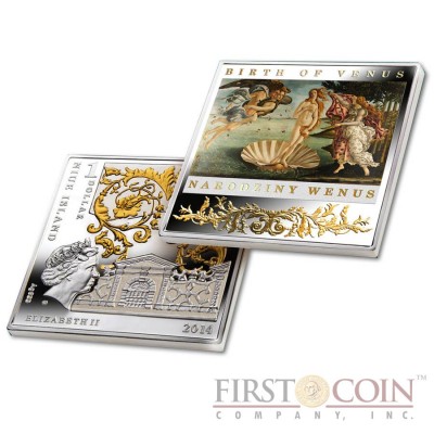 Niue Birth of Venus by Sandro Botticelli Silver Coin "Masterpieces of Renaissance" Series $1 Colored 2014 Gilded Proof Square shape