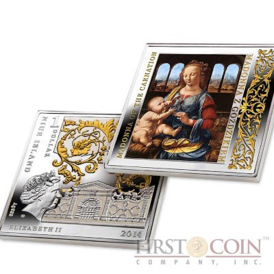 Niue Madonna of the Carnation Silver Coin Leonardo da Vinci "Masterpieces of Renaissance" Series $1 Colored 2014 Gilded Proof Square shape