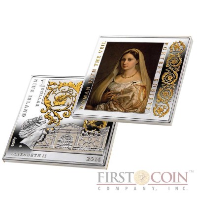 Niue Woman with the Veil by Raphael Silver Coin "Masterpieces of Renaissance" Series $1 Colored 2014 Gilded Proof Square shape