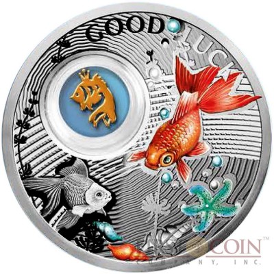 Niue Goldfish LUCKY COINS Silver Coin Symbols of Luck Series $1 Colored 2014 Proof with Silver Gold-plated Filigree Insert