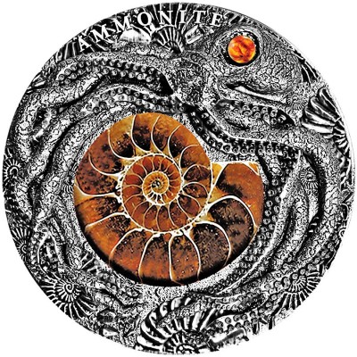 Niue Island AMMONITE PREHISTORY $5 Silver Coin High Relief Antique finish 2019 Real Ammonite 2 oz