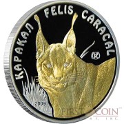 Kazakhstan Caracal 100 Tenge Silver Coin Disappearing Animals series Gilded 2009 Proof with 2 Diamonds 1 oz