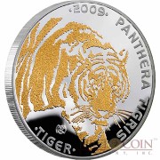 Kazakhstan Tiger 100 Tenge Silver Coin Disappearing Animals series Gilded 2009 Proof with 2 Diamonds 1 oz