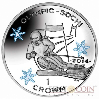 Isle of Man - Great Britain Alpine Skiing Silver Coin "Sochi Winter Olympics" Series 1 Crown Colored 2014 Proof ~1oz