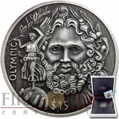 British Virgin Islands ZEUS OLYMPIC 150th Birth Anniversary of Baron de Coubertin $15 Silver coin Ultra High Relief 2013 Antique finish 1.5 oz