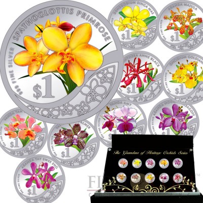 Singapore The Grandeur of Heritage Orchids of Singapore $10 Ten Silver Coin Set 2011 Proof 2.8 oz