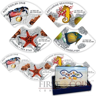 Cambodia MARINE LIFE 12000 Riels Puzzle Four Colored Silver coin set Wave shape 2014 Proof 2 oz