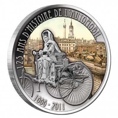 Copper Silver Plated Colored Coin BERTHA BENZ WITH CAR - BERLIN 2011 "125 Years of Invention of Automobile" Series, Cameroon