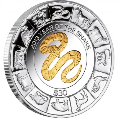 Silver  Gilded Coin GOLDEN SNAKE 2013 "Lunar" Series - 5oz