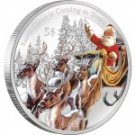 Silver Coin SANTA CLAUS IS COMING TO TOWN 2012 “Christmas Coins” Series with coloured elements